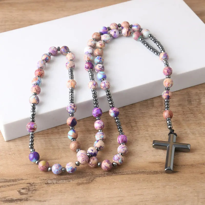 8mm Sea Sediment Jasper Catholic Christ Rosary Necklaces With Cross Pendant Men Women Necklace Meditation Jewelry