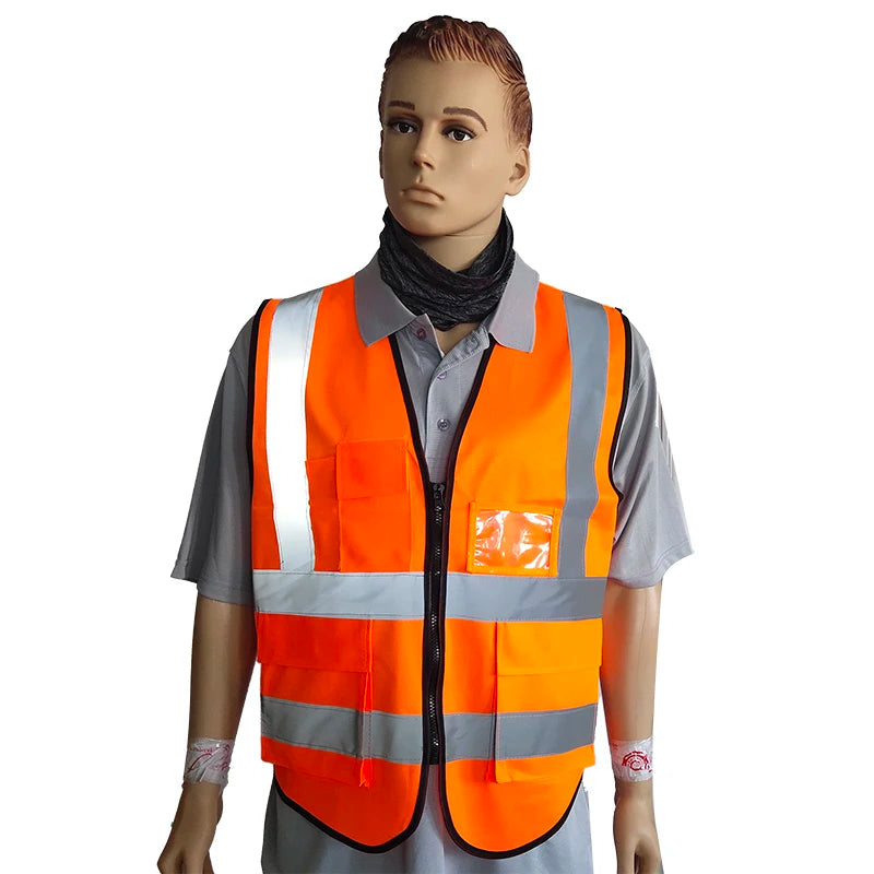 Reflective Strips Orange High Visibility Polyester Safety Vest with Pockets and Zipper for Unisex Adults