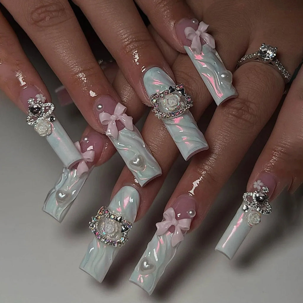 24 Pcs 3D French pink Bow Decoration Cat Eye Rhinestones Acrylic Press on Nails Customize False Nails 3485