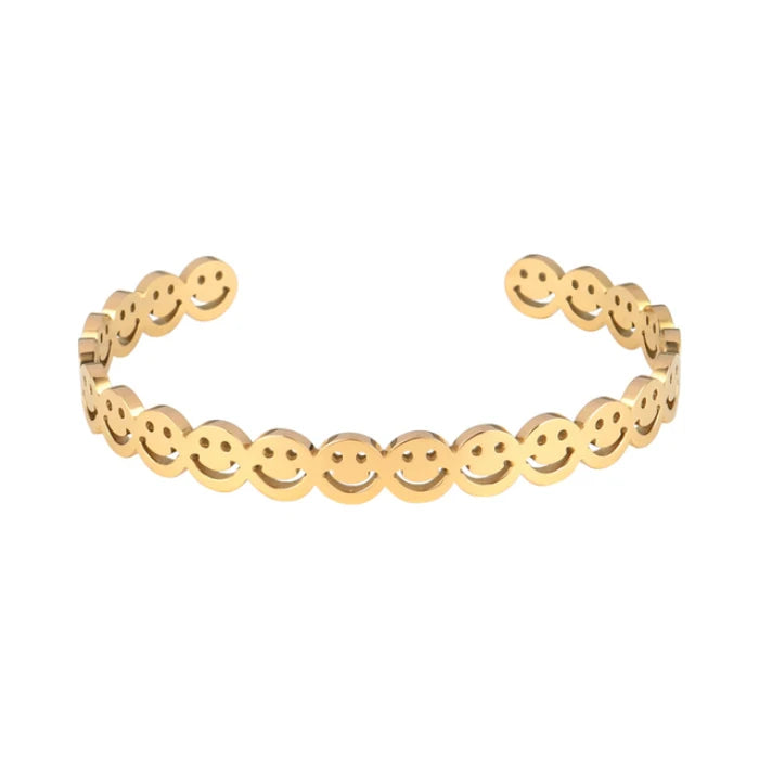 18K Gold Plated High Polish Stainless Steel Smile Face Open Cuff Bracelet Wrist Bangle New Trendy Gift for Women Ladies