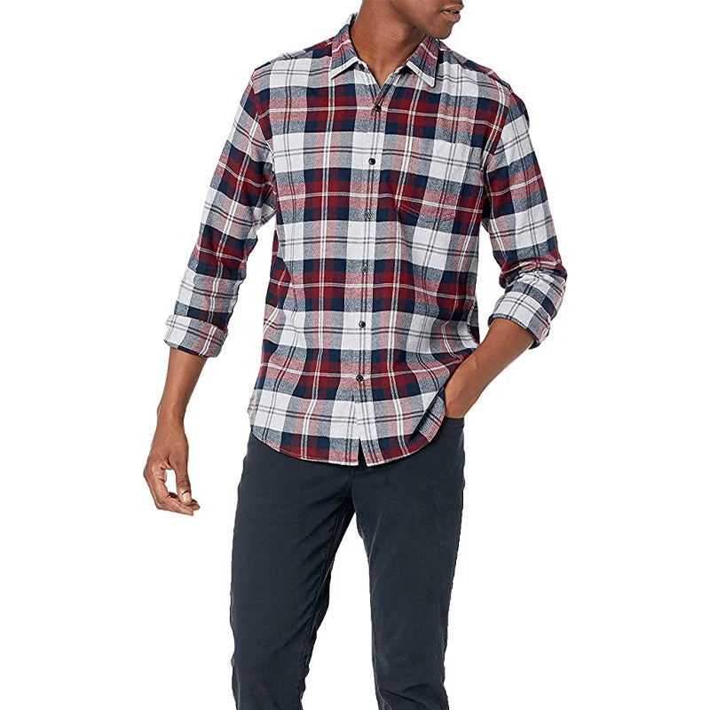 New Men's Plaid Flannel Shirt Spring Autumn Male Regular Fit Casual Long-Sleeved up Shirts