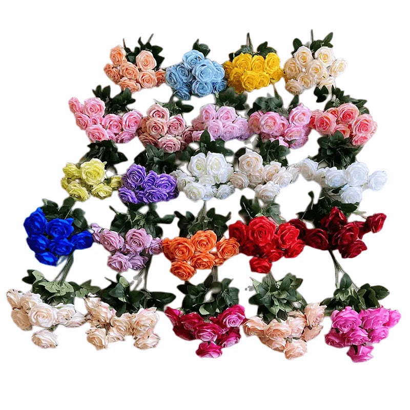 Hot Sale 9 Heads Silk Rose bunch Artificial Flowers Rose Bouquet for Wedding Decoration