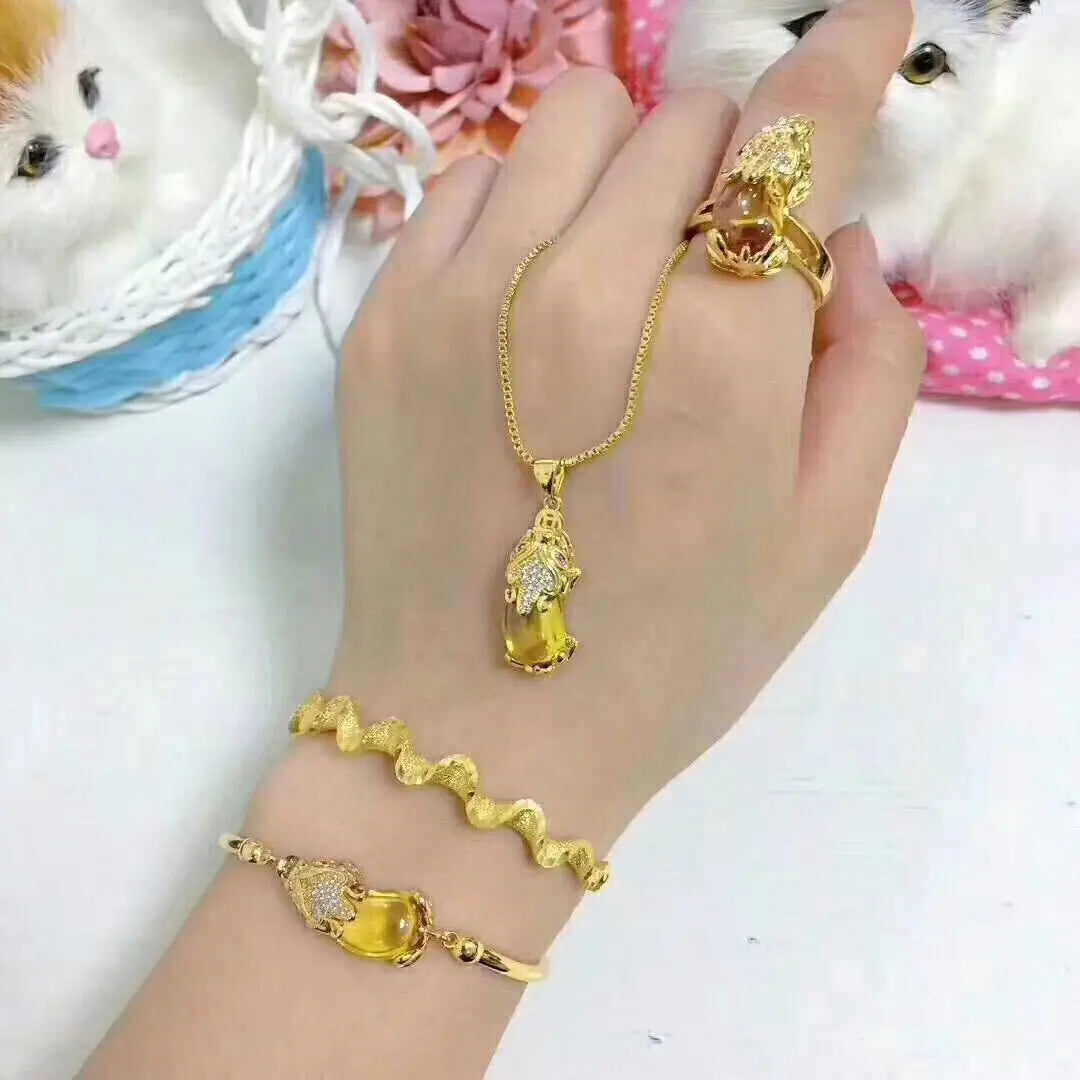 Dubai Gold Brass Gold Plated  Yellow Gems Three-Piece Set Women'S Jewelry Pixiu Ring Bracelet Pendant Gift
