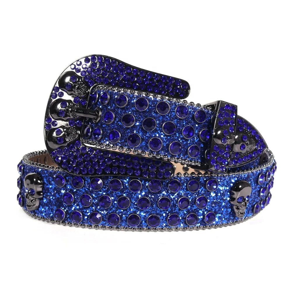 BB Western Fashion Blue Bling Bling Skull Belt Sparkle Eyes-Catching Rhinestone Belt for Men
