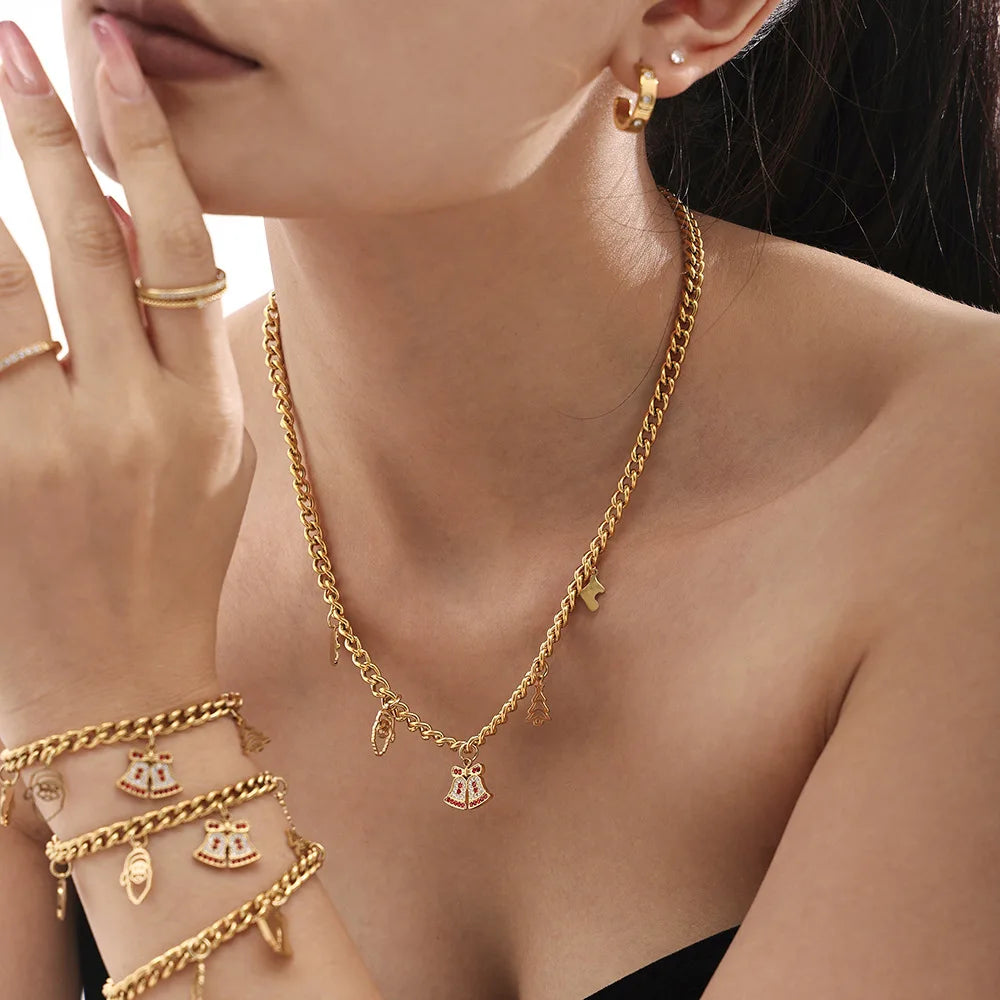 European and American Fashion Stainless Steel Romantic Christmas Zircon Bell Necklace Bracelet Jewelry Gift Suit