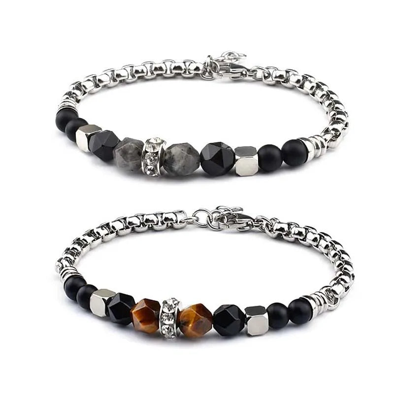 Hypoallergenic Stainless Steel Link Chain Tiger Eye Stone Bead Bracelet With Lobster Clasp