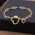 QIKU Rainbow Rhinestone Heart Shape Bangle Chain Bracelet Charm Gold Plated Pendant Copper Zircon Jewelry Women Accessories Gift