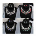Fashion Women Wedding Bridal Luxury Colored Gemstone Cluster Necklace Red Blue Green Stud Earring Crystal Rhinestone Jewelry Set