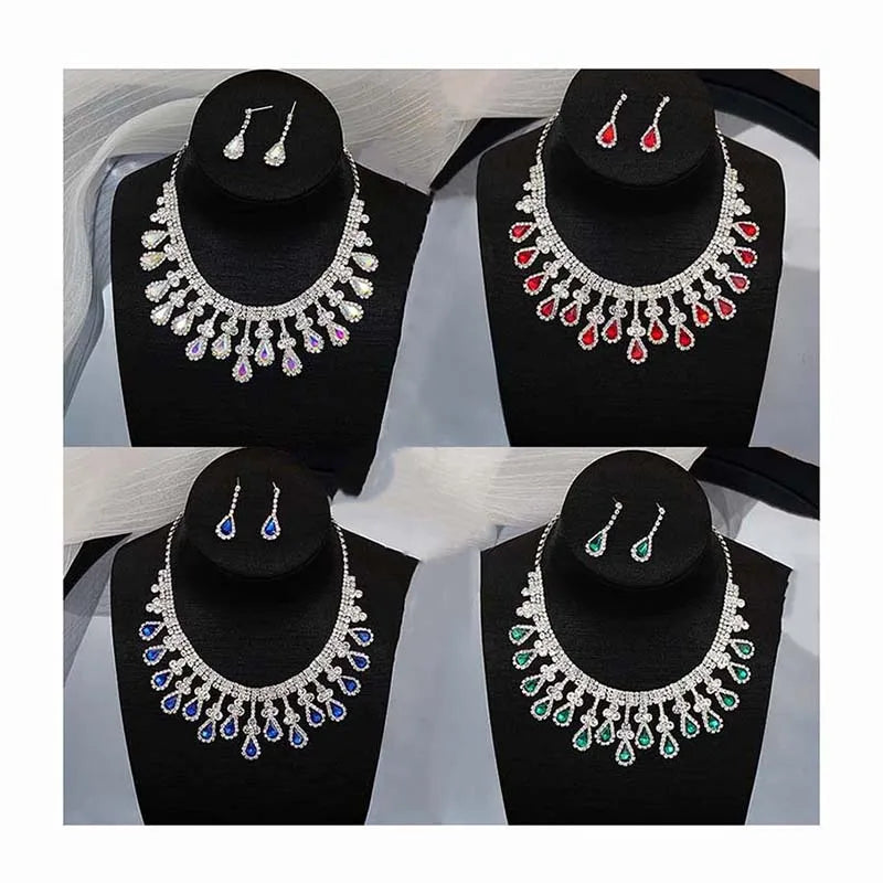 Fashion Women Wedding Bridal Luxury Colored Gemstone Cluster Necklace Red Blue Green Stud Earring Crystal Rhinestone Jewelry Set