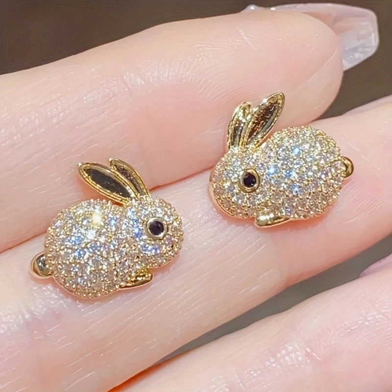 CAOSHI New Year Exquisite Cute Rabbit Earrings Women CZ Silver Gold Color Shiny Zircon Rabbit Animal Stud Earring for Women