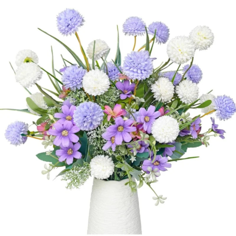 15Pcs Artificial Flower and Plants Floral Long Stem White and Purple Kiku in Vase Silk Wildflowers for Bridal Bouquet Home Decor