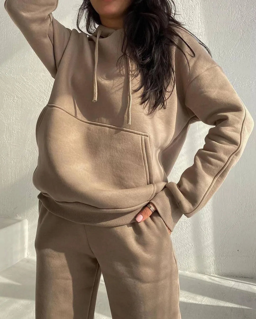 S-XXL Casual Fashion Plush Long Sleeve Hooded Sweater Pants Two Piece Set