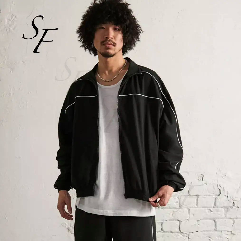New Design Piping Details 100% Polyester Black Microfiber Jogging Sport Fitness Tracksuits Jacket for Men