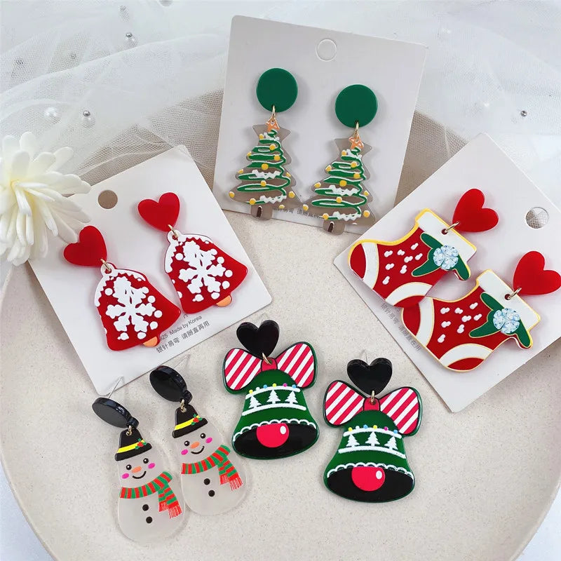 S925 Silver Nail Christmas Snowflake Snowman Santa Claus Reindeer Acrylic Statement Dangling Earring Hook Girl's Drop Earrings