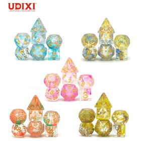 For Udixi Custom Logo Engraved Polyhedral Resin Cube Dice Game Set Colored Dungeons and Dragons with Swirl Shimmer Effect