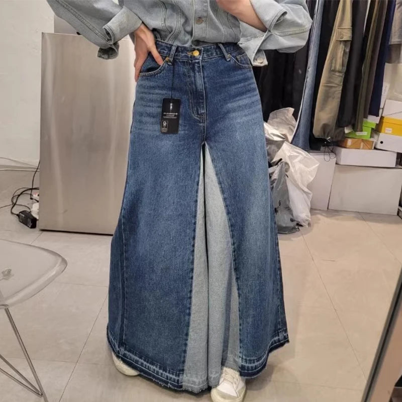 Wholesale 2026 Spring Design High Waist Versatile Splicing Large Horn Contrast Wide Legged Women's Jeans