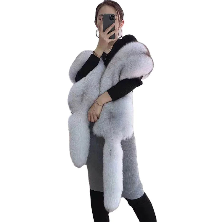 Long Fox Fur Scarf Shawl Luxury Fur Boa Whole Fox Stole with Tails