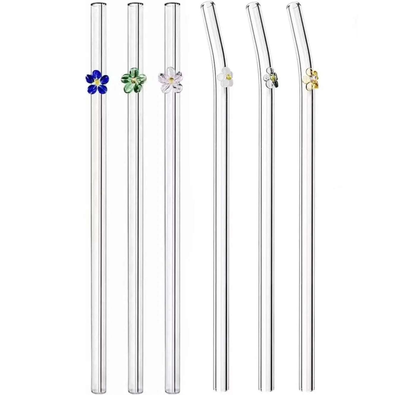 Multicolor Reusable Food Grade Glass Bent Drinking Straws Eco-Friendly Flower Butterfly Turtle Design Washable Smoothie Cocktail