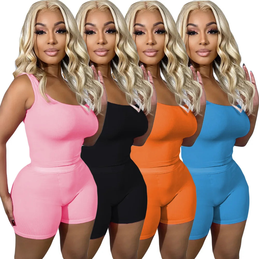 Summer Women Sexy Solid Color Square Collar Sleeveless Halter Crop Top Sportswear Women Two Piece Short Set