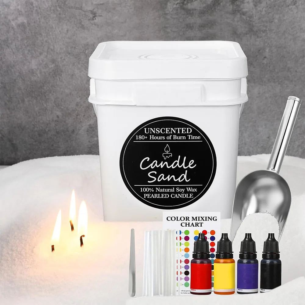 LANJO 11 Lb DIY Natural Pearled Wax Sand Kit 5KG Bucket Candle Making Wicks Four Dye Stirring Spoon Christmas Handmade Home MegaBDM