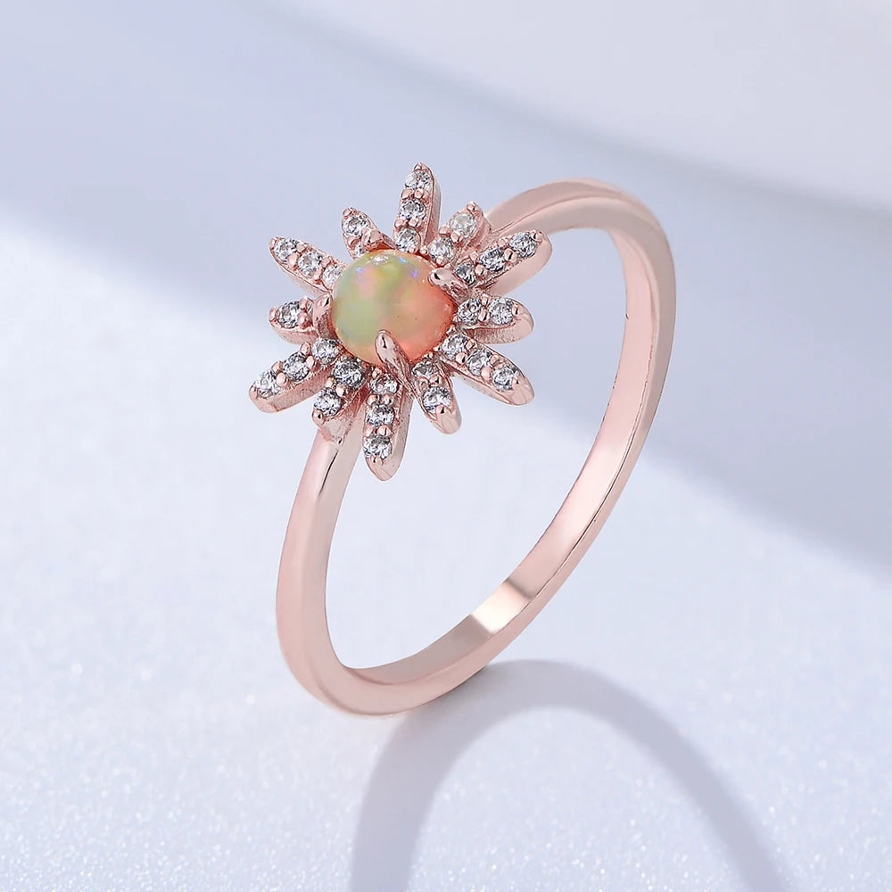 Inspired Natural Stone Opal Sunflower Jewelry Psj S925 Sterling Silver Rose Gold Plated CZ Zircon Gemstone Rings for Women Girls
