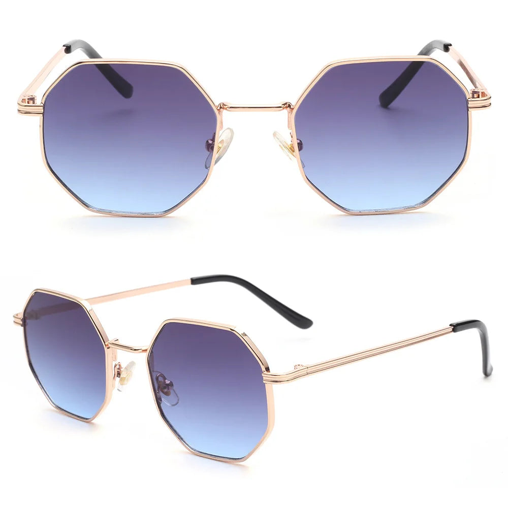Luxury Polygon Sunglasses for Men and Women Custom Logo Vintage Octagon Metal Frame Red or Blue Color Lens Gafas De Sol