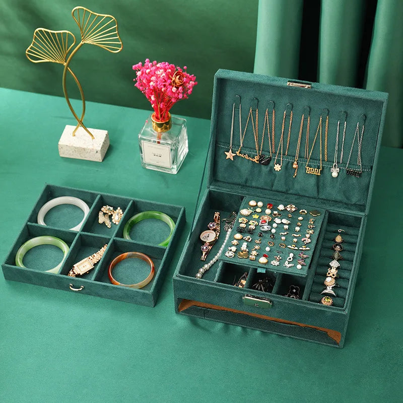 New Green Flannel Jewelry Organizer Box Necklaces Earrings Rings Display Holder Case for Women Large Capacity With Lock