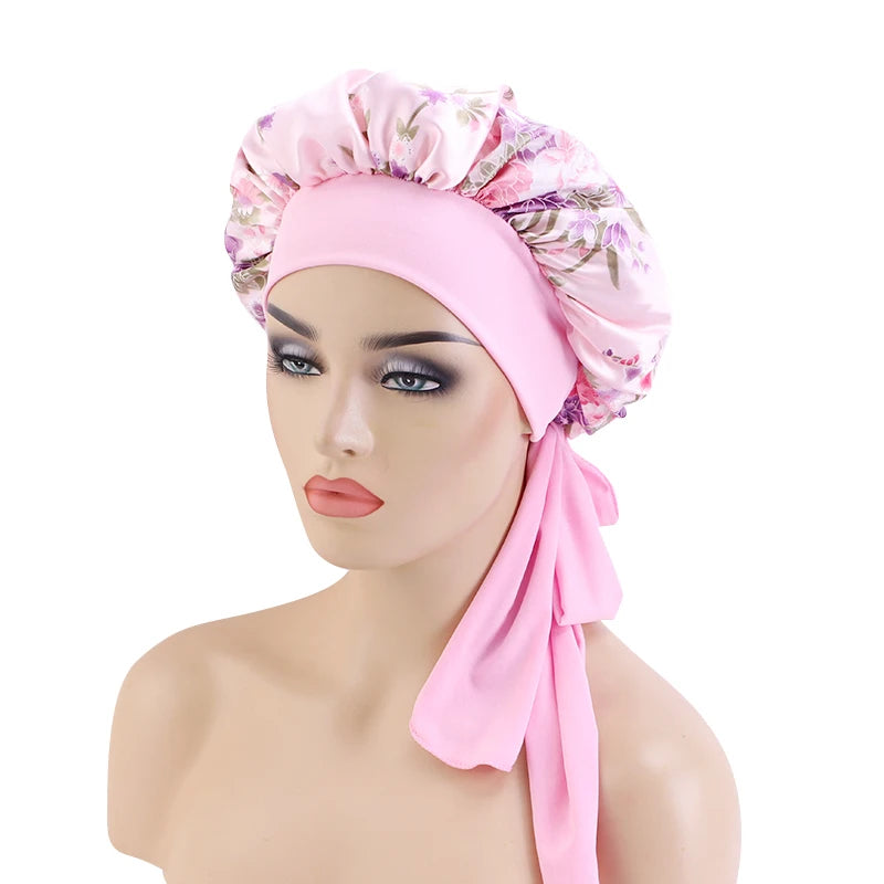 Hot Women Night Sleep Hat Hair Styling Cap Printing Satin Bonnet With Wide Stretch Ties