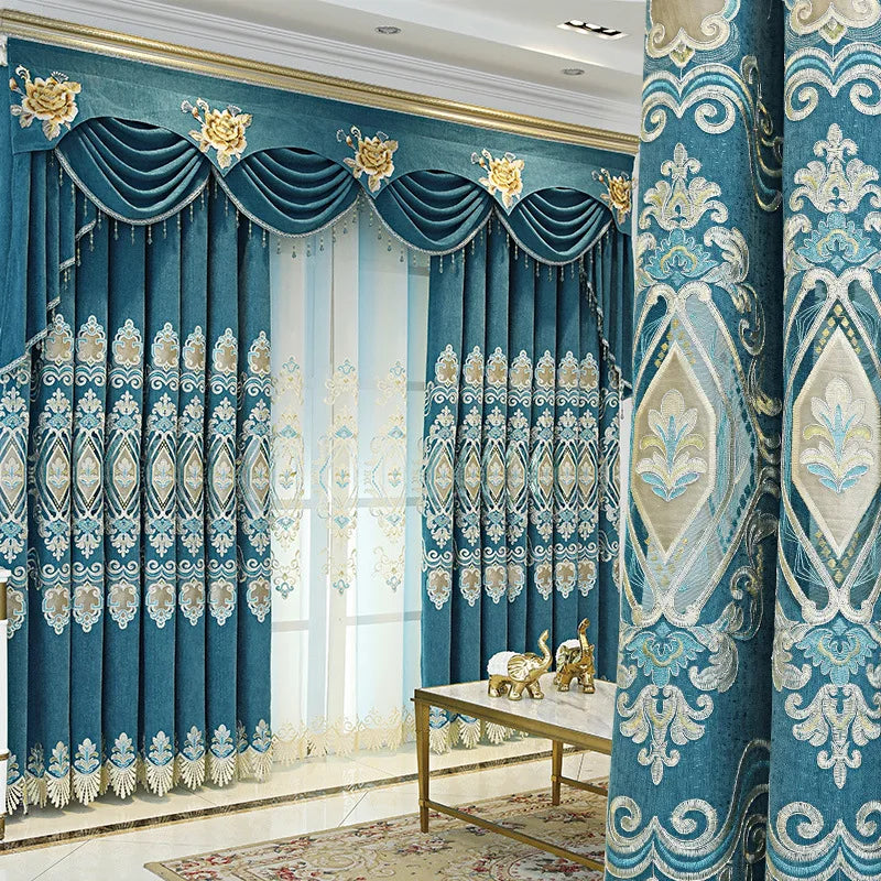 Wholesale European Elegant Living Room Blackout Embroidered Curtains Ready Made Blue Luxury Embroidered Curtains