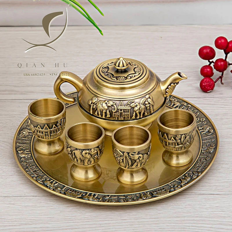QIAN HU Vintage Arabic Calligraphy Tea Set 200ml Iron Metal Coffee Set for One Teapot 4 Cups Home Decoration Gift Box Parties
