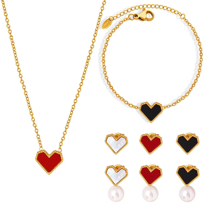 Fashionable Waterproof Titanium Steel Jewelry Set Heart Stud Earrings Bracelets Necklaces for Women & Girls Wedding Gift Low MOQ