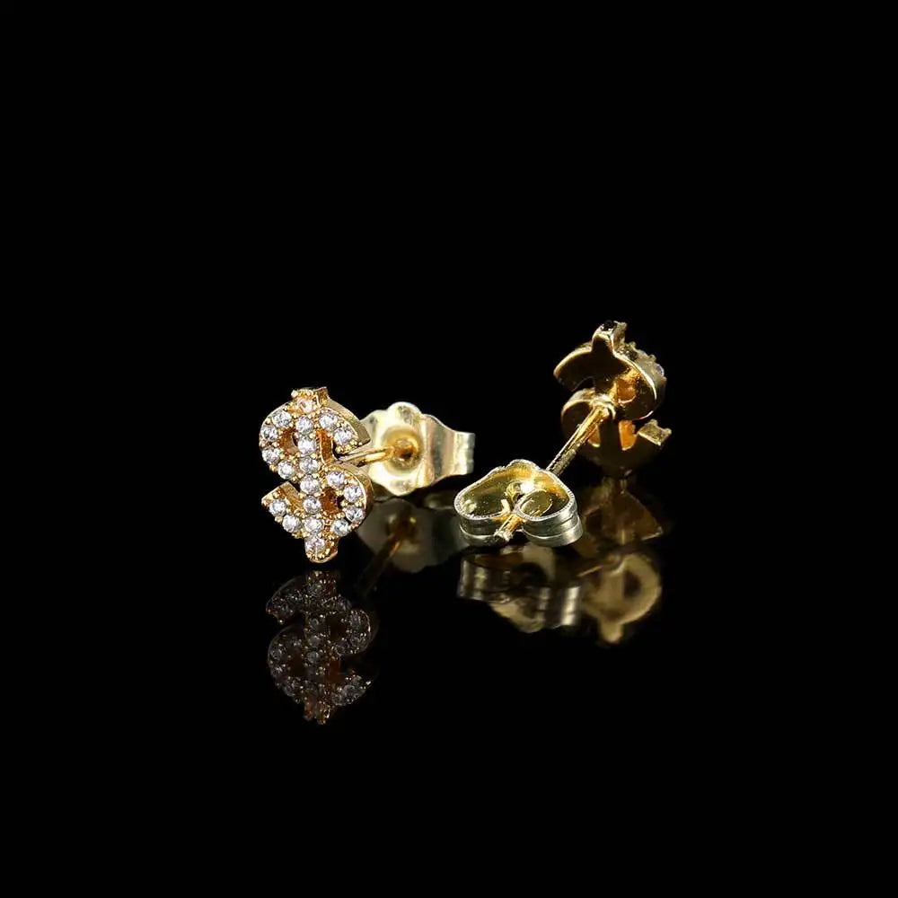 VEROMCA Men's Trendy Gold Plated 3A Zircon Dollar Sign Stud Earrings Geometric Diamond Main Stone Iced Out Hip Hop Jewelry