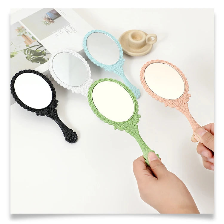 Zonyin Hot Sales European Vintage Travel Makeup Compact Hand Mirror Gold Black Pink Handheld Cosmetic Mirror With Handle