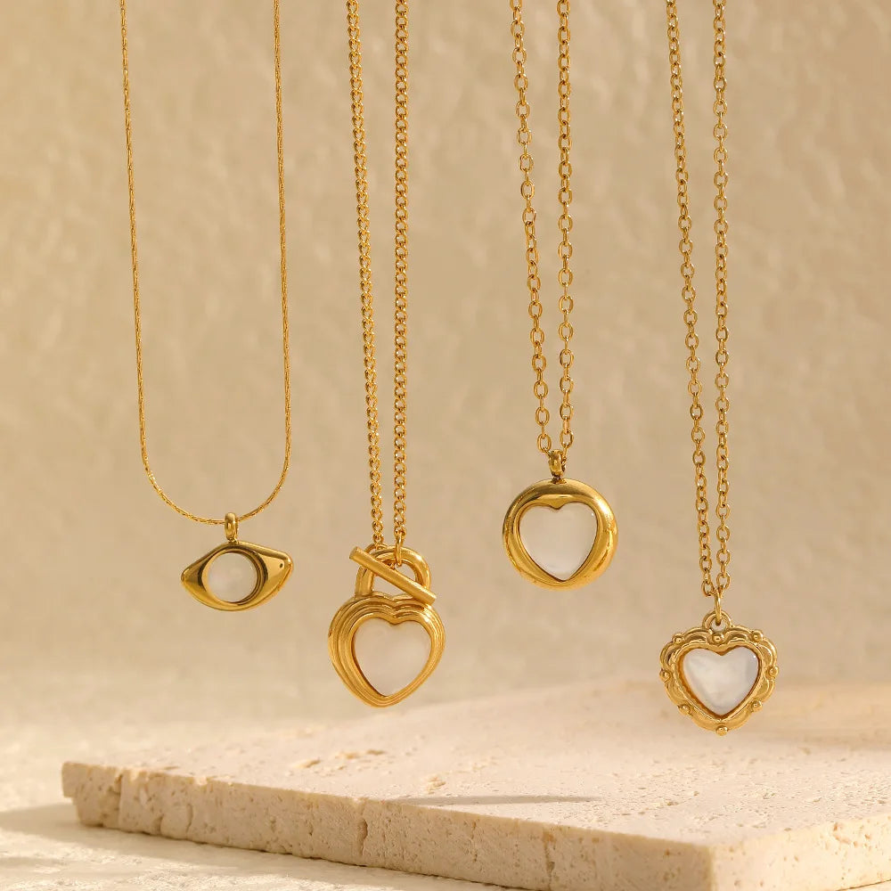 Retro Stylish White Natural Stone Love Heart Charm Necklace Stainless Steel Heart Pendant Necklace for Women Jewelry Gifts