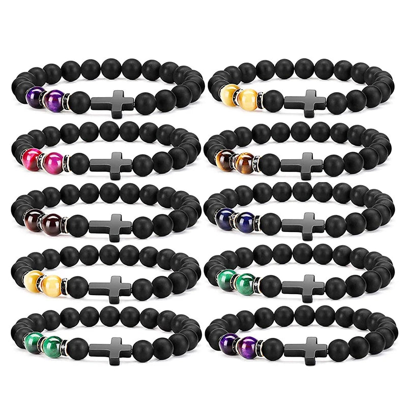 Fashion Religion Cross Men Women 8mm Natural Stone Tiger Eye & Black Matte Agate Beads Bracelet Elastic Bracelet Bangle