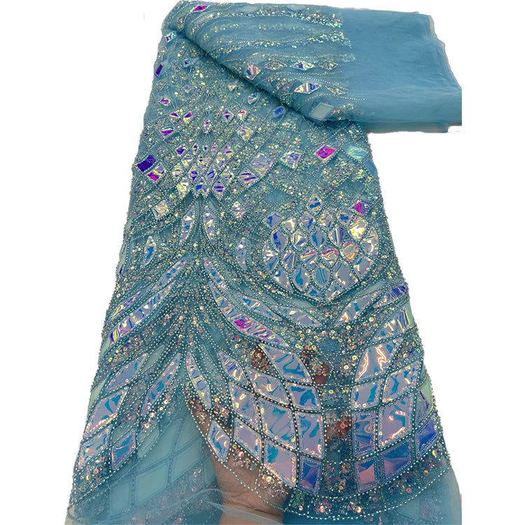 African Wedding Sequins Beads Lace Fabric Blue Embroidered Glitter Bridal Lace Fabric