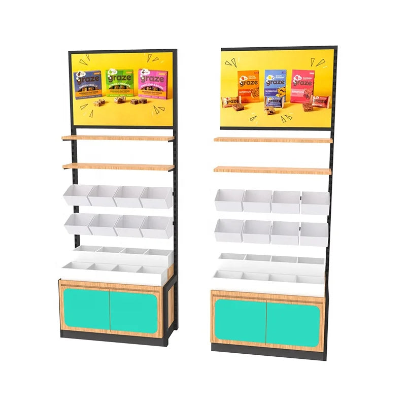 Single Sided Light Duty Steel-wood Combination Convenience Store Display Rack Shelf Hanging Basket Shelf Supermarket Direct