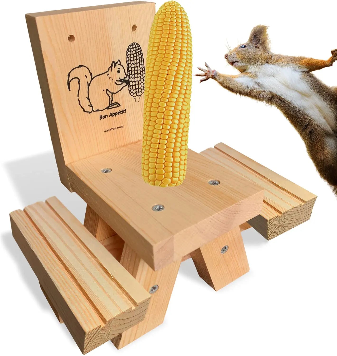 JUNJI Solid Wood Squirrel Picnic Table Feeder with Seat Corn Cob Holder Funny Outside Tree Fence Bench Feeders for Squirrels