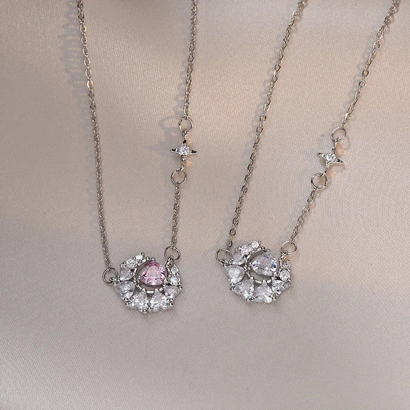 Ladies Collar Luxury Love Pink Diamond Star Moon Clavicle Chain Copper Pendant Crescent Druzy Moon Pink Zircon Dainty Necklace