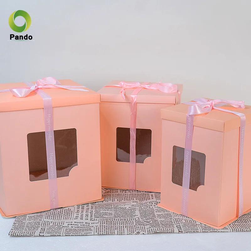 Recyclable Environmental Friendly New Design Cake Boxes Printed 12X12X6 Pink Cake Box With Window