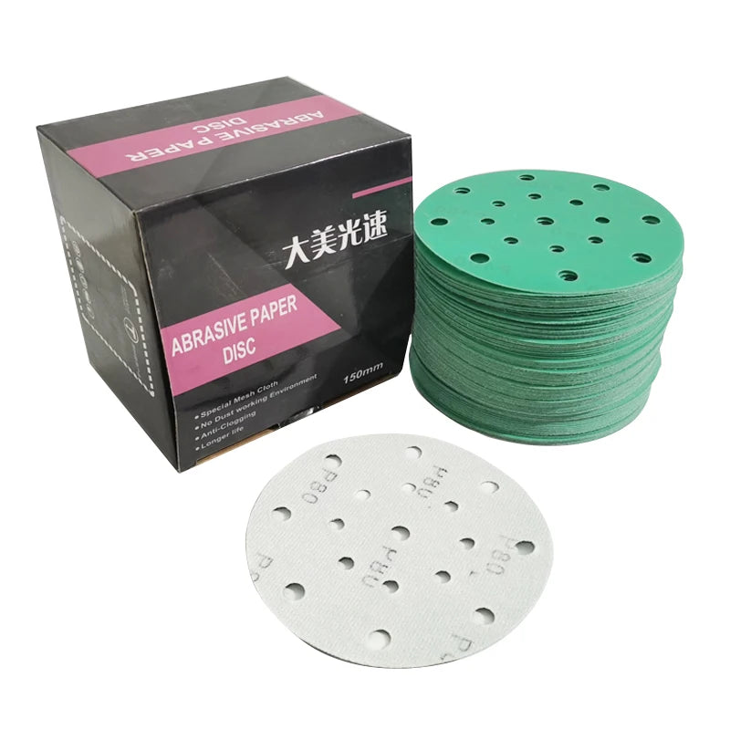 6 Inch 150mm Round Flocking Sandpaper Dry Ground Polishing 80 Mesh /120/180/240/320/400 Green Self-Adhesive for Car Painting