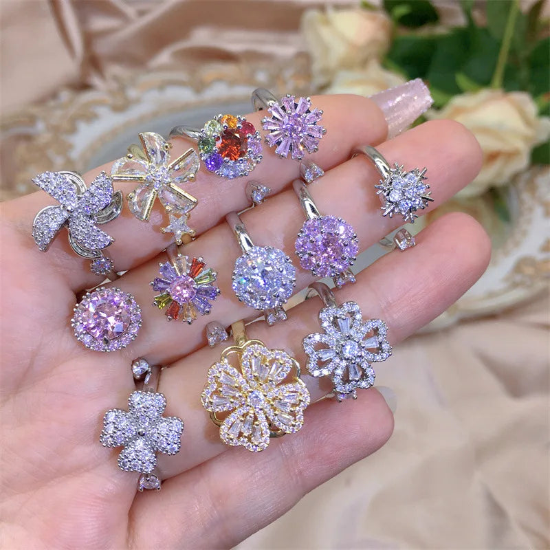 Minimalist Rabbit Snowflake Ring Windmill Four Clover Leaf Ring Adjustable Fidget Rotatable Zircon Ring