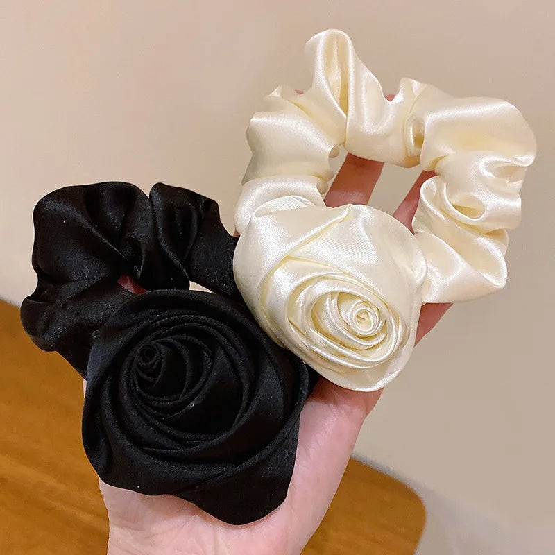 Handmade Rose Flower Hair Bow Wreath Garland Elastic Stretchy Hair Ties Ponytail Holder Band Scrunchies Ring for Women