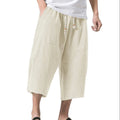 Mens Linen Harem Pants Elastic Waist With Drawstring Capri Shorts Summer Beach Loose Casual Baggy Trousers