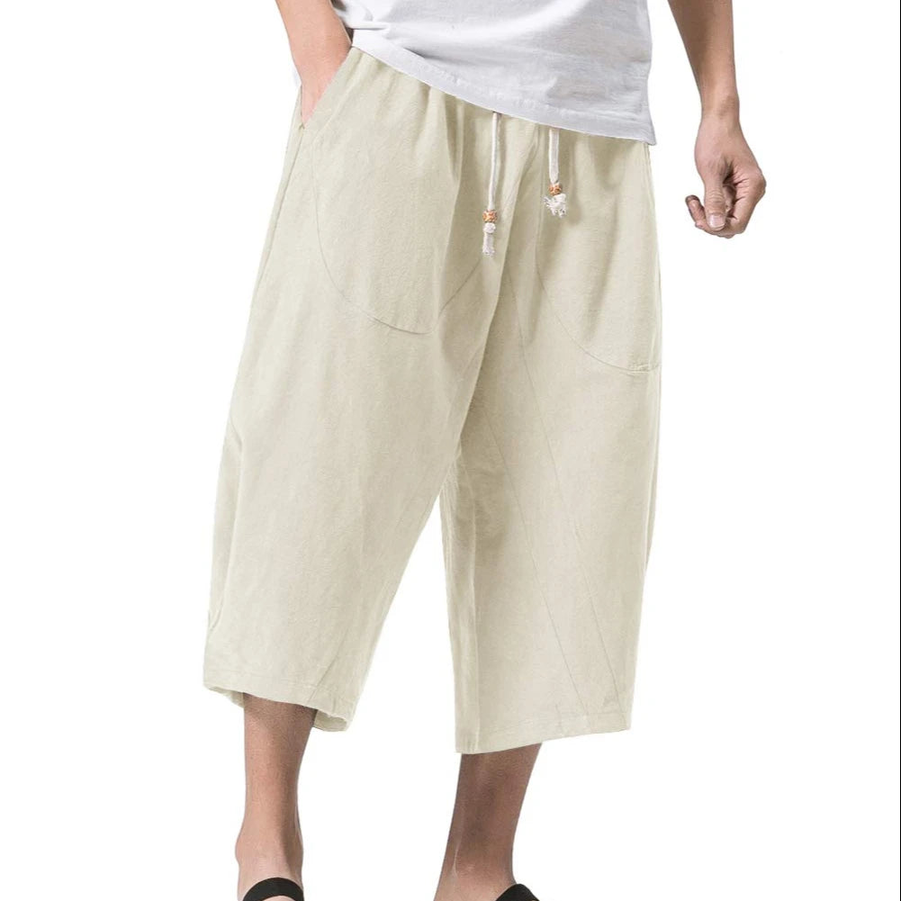 Mens Linen Harem Pants Elastic Waist With Drawstring Capri Shorts Summer Beach Loose Casual Baggy Trousers