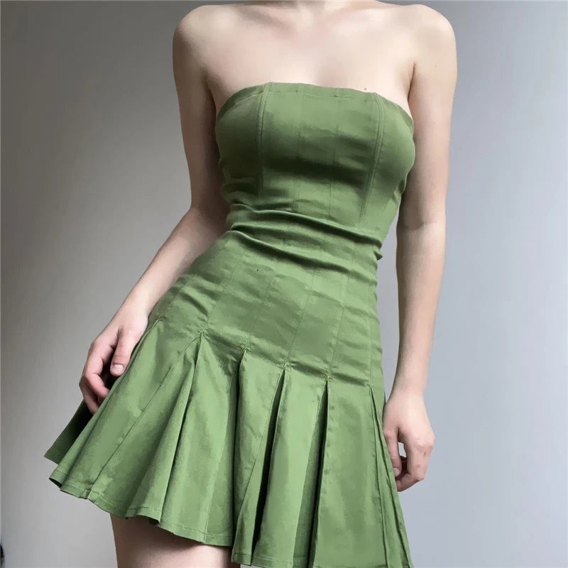 Custom Summer Off Shoulder Tube Dress Pleated Mini Dress Breathable Cotton Women's Summer A-linen Mini Dress