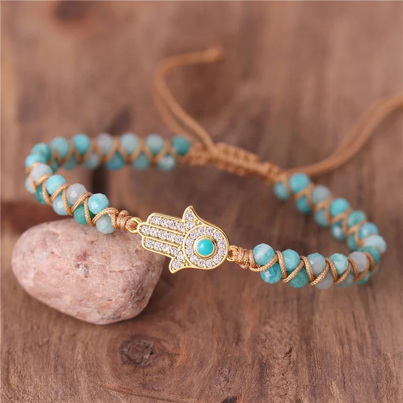 Handmade Zircon Hamsa Hand Charm Braided Gemstone Amazonite Beads Bracelets Bohemian Cord Macrame Bracelet Women Jewelry