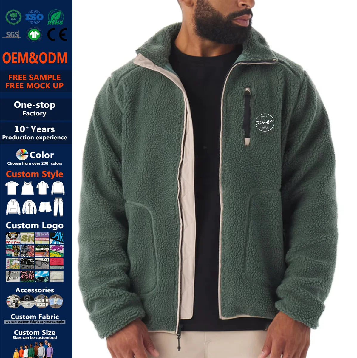 OEM Custom Label Winter Warm Zip up Sherpa Fleece Jacket Men Comfortable Shearling Coat Casual Zipper Jacket for Men