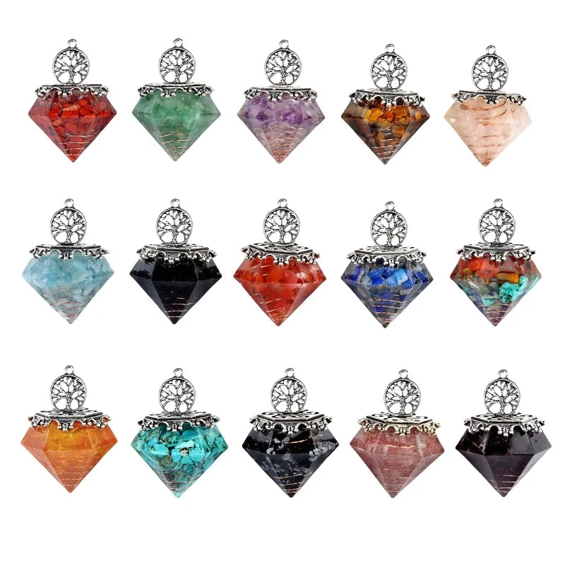 Hand Carved Crystal 18x27MM Diamond Shaped Top Inlaid with Life Tree Silver Decoration Pendant DIY Jewelry