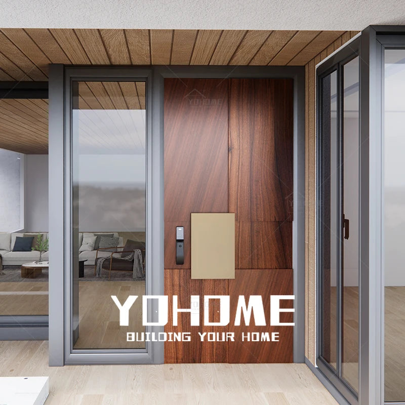 Yohome Home Security Doors With Side Window Timber Front Door Entrance Puertas De Madera Exterior Wooden Front Doors for Homes